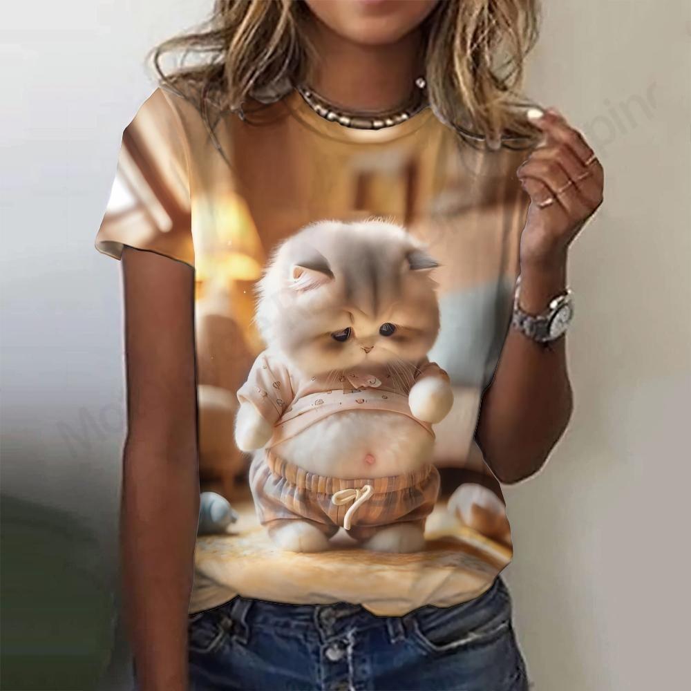 Летняя женская футболка с рисунком милого кота в виде 3D-принта, женская модная футболка с круглым вырезом и коротким рукавом, топы, футболки, одежда с животными