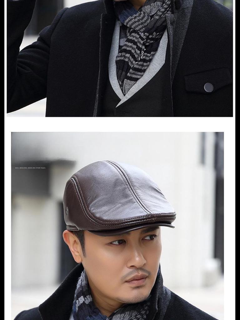 Men's Genuine Leather Duckbill Hat – Stylish, Warm, Thickened Cowhide Beret for Middle-Aged and Elderly (Autumn/Winter)