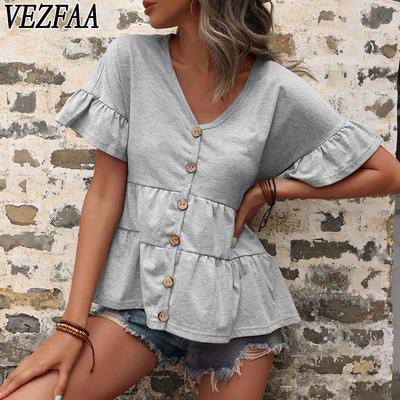 Женские модные повседневные летние весенние однотонные блузки и рубашки с v-образным вырезом и короткими рукавами с принтом