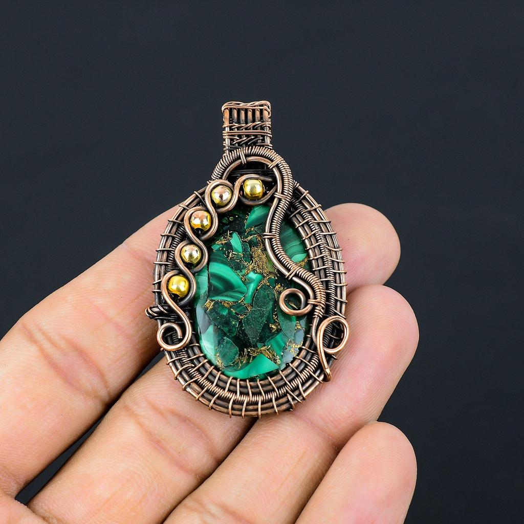 Copper Malachite Gemstone Pure Copper Wire Wrapped Handmade Pendant Jewelry