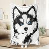 1pc Soft Flannel Blanket - Black & White Dog with Blue Eyes, HD Digital Print Throw - All-Season Couch, Bed, Gift - Machine Wash