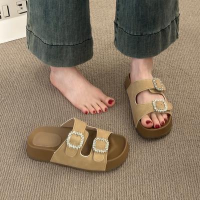 Стразы квадратная пряжка шлепанцы женские 2025 лето новые толстая подошва легкие нескользящие уличные пляжные крутые шлепанцы