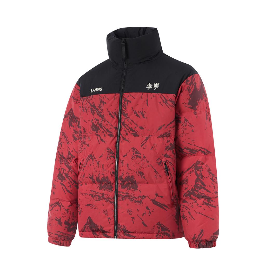 Li Ning Hot Pots Down Collection Down Jacket Unisex Agate Red Mountain Grain All Over Print AYMU601-6