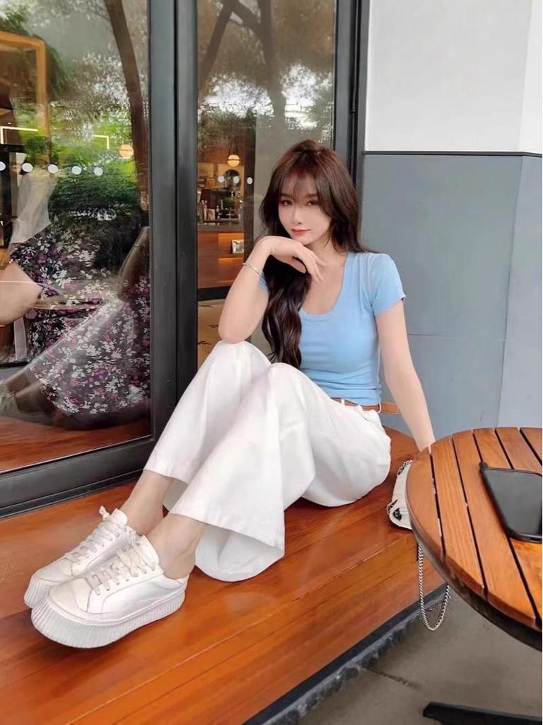 Футболка облегающего кроя розового цвета в корейском стиле 2025 года: Девять цветов, овальный воротник, короткие рукава, универсальный, прошитый хлопок для чистого желания