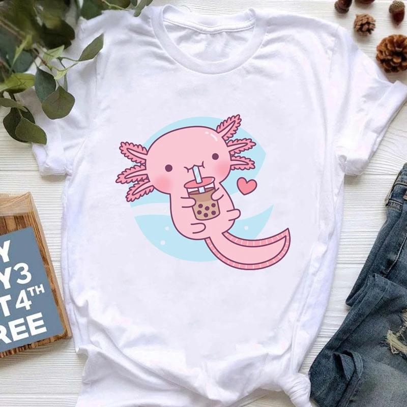 NEW Cute Axolotl Drinking Bubble Tea Printed Kids Tshirt Summer Pure Cotton Shortsleeved Casual Tops for Boys and Girls