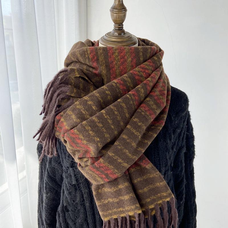 Женский Зимний Ретро Вязаный Шарф Платок Женский Мужской Повседневный Полосатый С Кисточками Теплый Шарф Женский Мужской Накидка Шаль Унисекс Новый Корейский