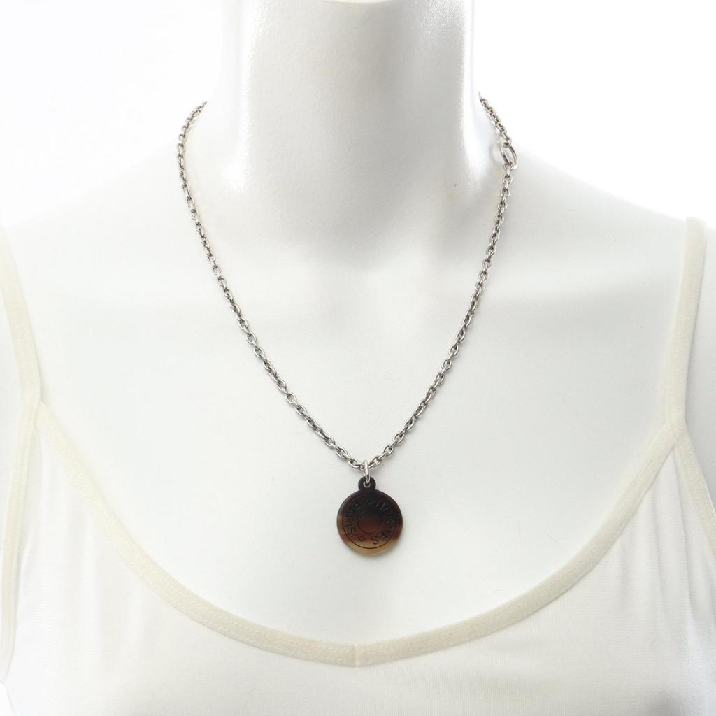 Used HERMES carrousel Necklace Stainless Steel Buffalo horn Silver Brown Black Used