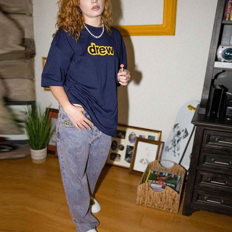 Drew House Letter Logo Series T Shirts Unisex Marine Blue Crew Neck Moderate Straight Fit DR-SS21-147