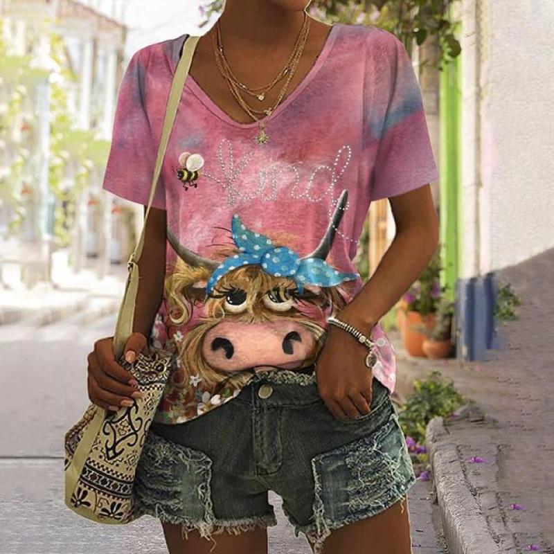 Женская футболка с изображением животных, летняя повседневная футболка с короткими рукавами, милый топ с принтом теленка, уличная мода с 3d принтом, женская одежда в стиле Харадзюку с v-образным вырезом