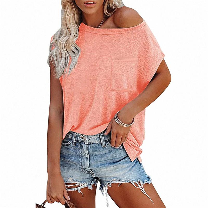 Летний женский топ, однотонная футболка с круглым вырезом и открытыми плечами, карманами и короткими рукавами