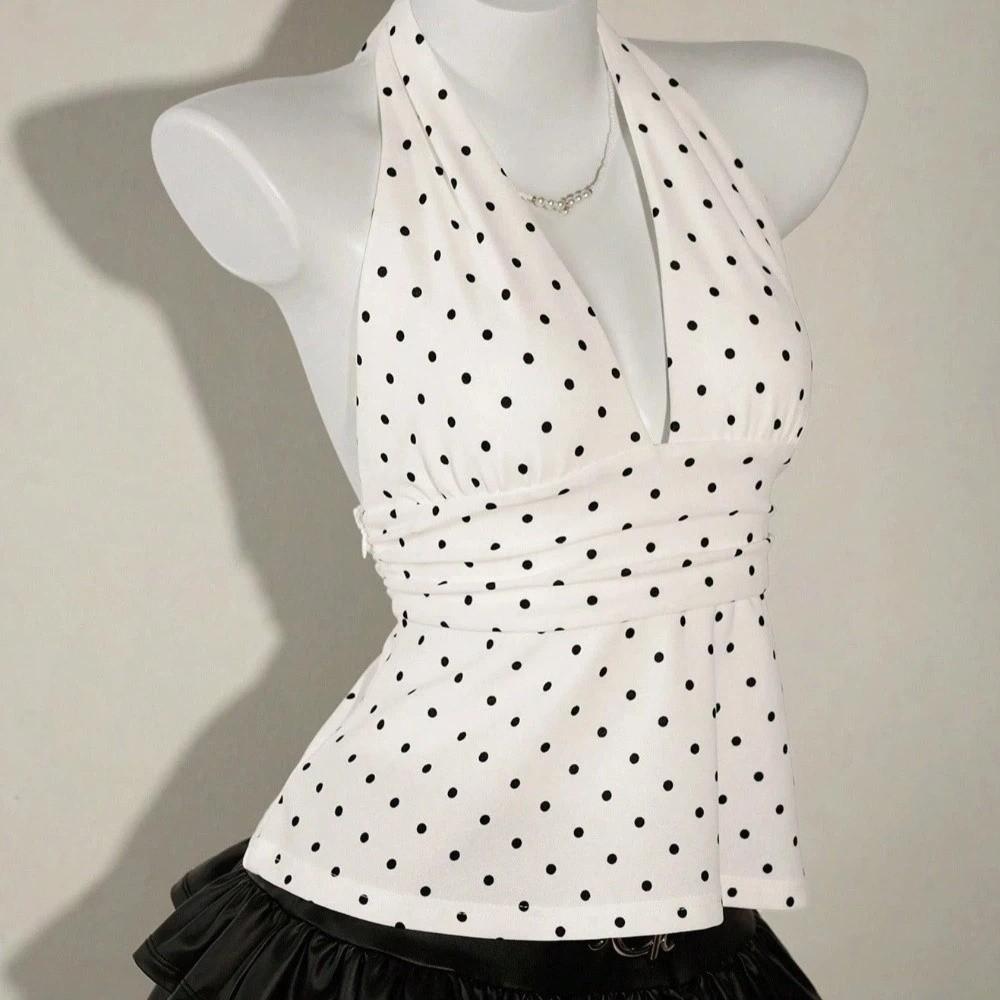 Sleeveless Lace-up Dots Camisole Deep V Neck Hanging Neck Top Halter Ruffle Vest  Summer