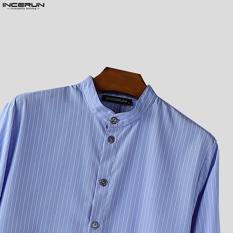 INCERUN Мужские рубашки оверсайз со стойкой, рукавами-буфами, полосатым принтом, пуговицами, высокими разрезами
