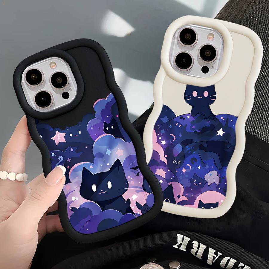 Мягкий чехол для телефона для iPhone 15 Plus 13 11 14 XR 16 Pro Max 17 Air 8 12 Черная кошка Звездная ночь