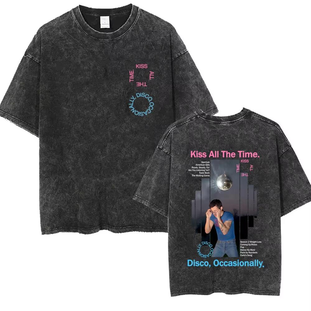 Kiss All The Time Disco Occasionally Washed Vintage T-shirts Fans Gift Men Women Fashion Pop Music Streetwear Male Oversized Tee