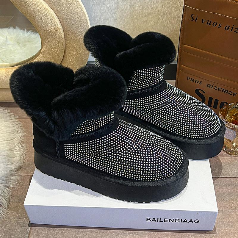 2024 Модные однотонные новые плюшевые теплые женские ботильоны зимние женские блестящие зимние ботинки на толстой подошве повседневные туфли на плоской подошве