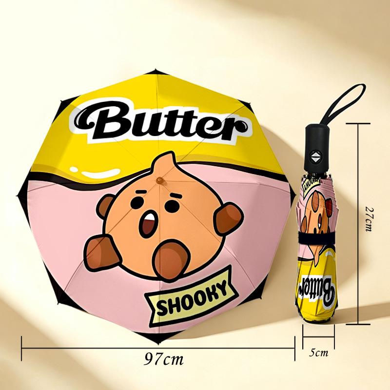 Butter Character 8 Ribs 3Fold Black Glue Uv Protection Umbrella Sun Protection Rainproof Compact Folding Umbrella For Travel Daily Use C9241780