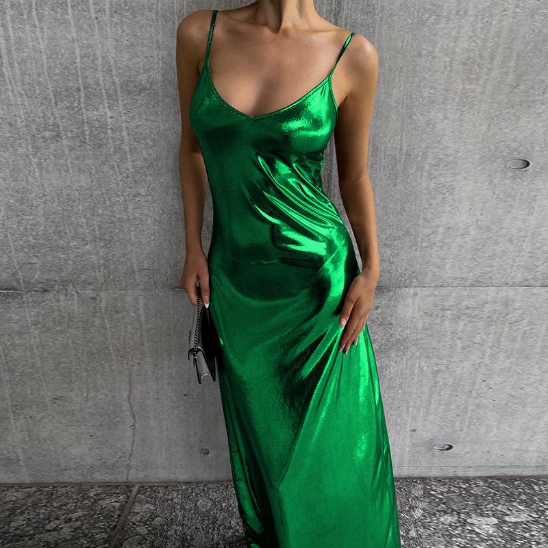 Autumn Metallic Sexy Suspender A-shoulder Mid-length For Women Dress Women's Dress