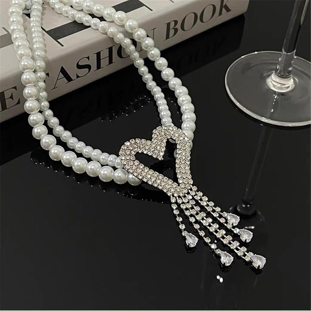 Мода Легкая Роскошь Высокий Туксика Чувство Двойной Жемчуг Вспышка Бриллиант Любовь Кисточка Ожерелье Ожерелье Цепочка на Шею Цепочка на Ключицу