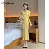 Осень Зима Женский Свитер Миди Платье Отложной Воротник Желтое Вязаное Платье Длинный Рукав Вязаное Элегантное Женственное Платье