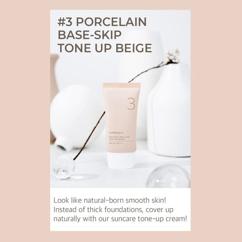 NUMBUZIN No. 3 Porcelain Base-skip Tone Up Beige BB+Foundation+Primer+Sunscreen 50mL SPF50+ PA++++ Best Selling In Oliveyoung Korea (2 Options)