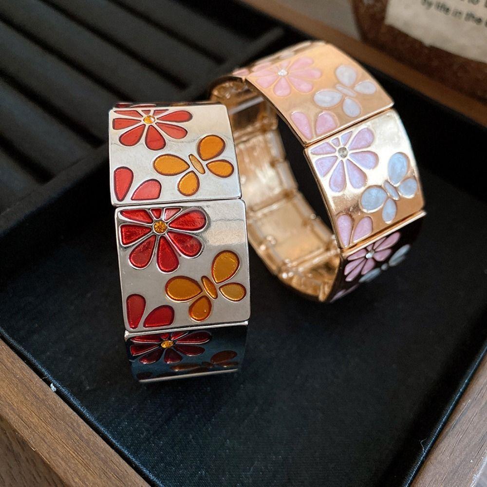 Металлический браслет-капля масла с цветком, серебряные эластичные браслеты, геометрический квадратный браслет, украшение