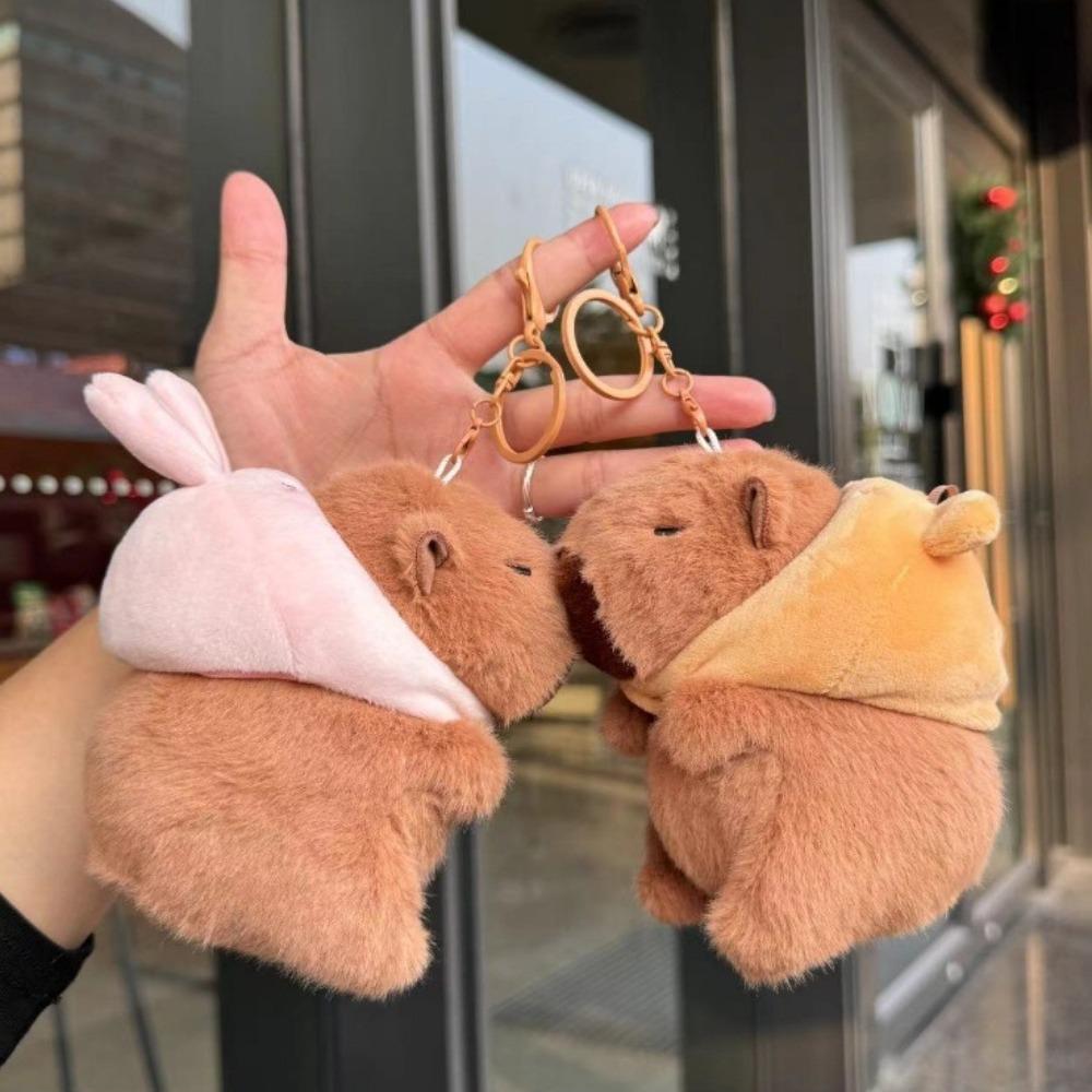 Cartoon CapIbara Keychain with Bee Rabbit Frog Bear Hat Plush Animals Toy Birthday Gift