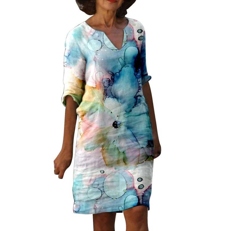 Women's Spring and Summer Fashion Painting Printed Five Sleeve Multi Color Medium Length Dress