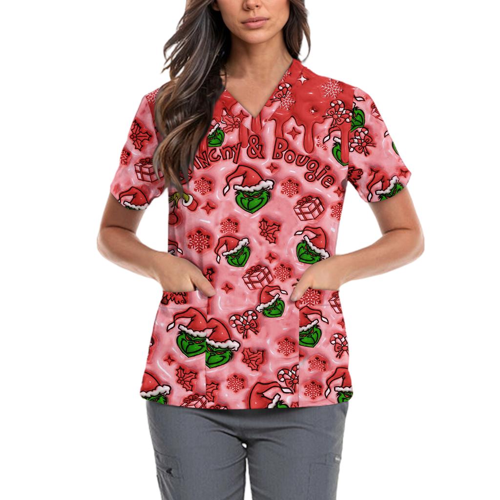 Женская милая блузка с принтом бантиков, рабочая одежда, V-образный вырез, двойной слой, карманы, базовая, с коротким рукавом, пуловер