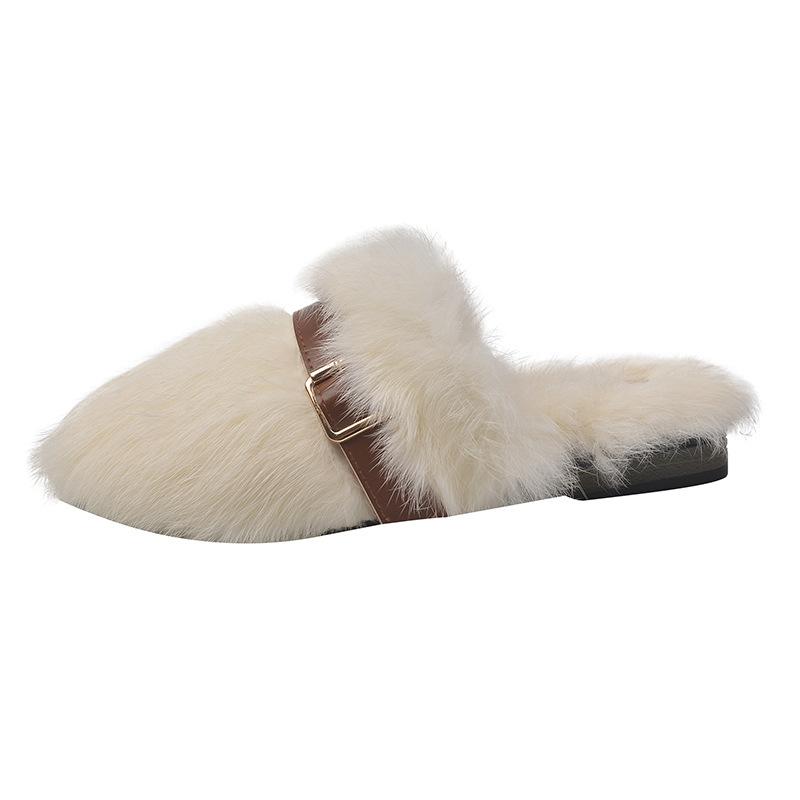 Baotou Mao Mao Slippers Women's Wear 2024 Autumn New Low Heel Milk Almost Fashion Design Sense Square Buckle Home Cotton Mop