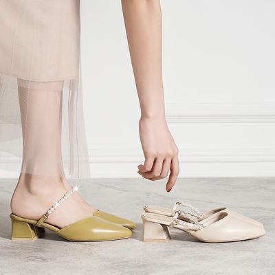 Грубый каблук заостренный холодные тапочки женские летние новые однопедальные мягкая подошва темперамент дышащие женские одинарные туфли