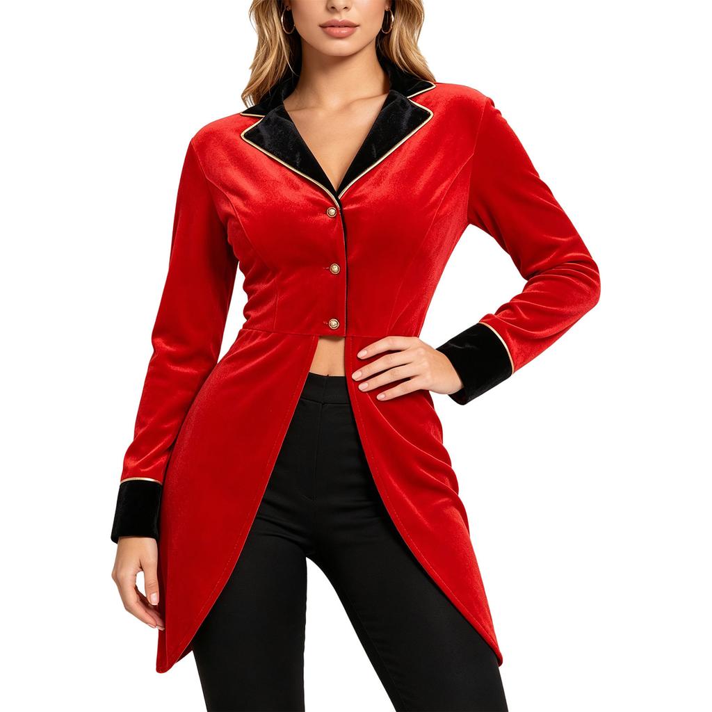 Womens Circus Ringmaster Costume Gold Trim Lapel Collar Long Sleeve Color Blocked Velvet Tailcoat