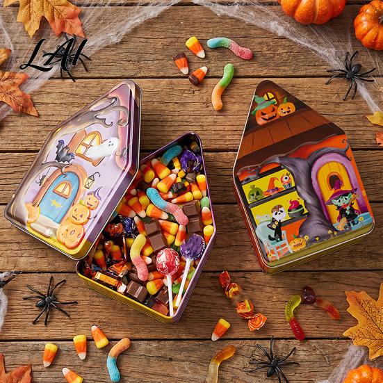 Halloween Souvenir Packaging Tin Candy Box Haunted House Pumpkin Bat Print Metal Storage Jar Decorative Containers for Candies Party Favors,