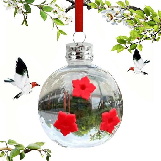 Hanging Hummingbird Feeder Round Clear Outdoor Hummingbird Water Dispenser with 3 Flower Ports for Yard Decoration