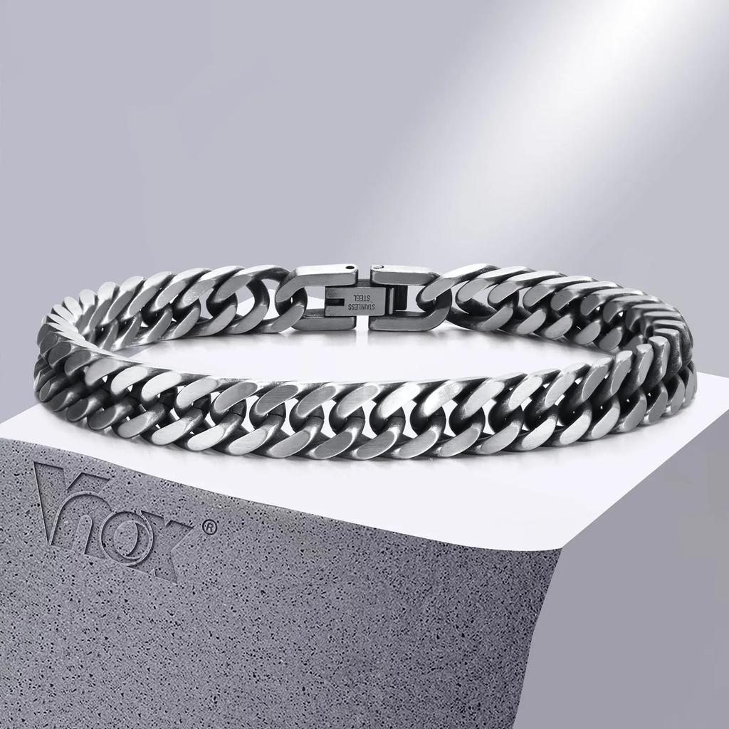 Vnox Chunky Retro Cuban Chain Bracelets for Men, Vintage Antique Stainless Steel Curb Dome Link Wristband, Cool Outfit Jewelry