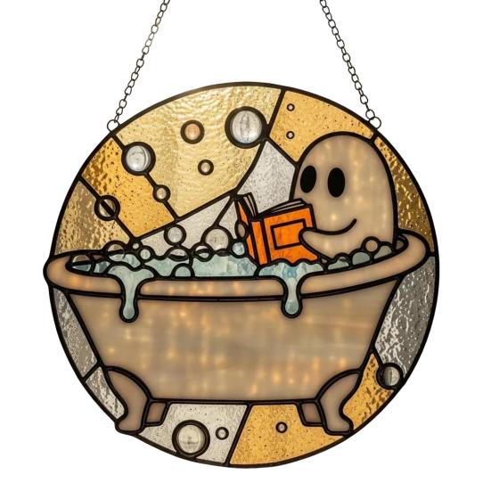 Bath-Time Ghost Reader Ornaments Cute Ghost Reading Book In A Bathtub Acrylic Hanging Suncatcher for Bathroom Window Wall Decoration