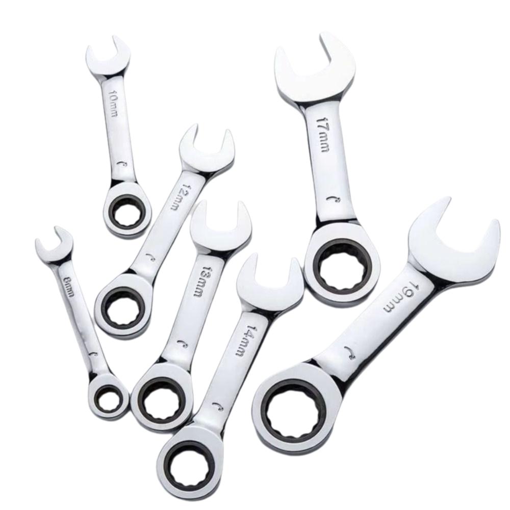 CR-V Steel Stubby Ratcheting Combination Wrench 8mm-17mm Ratcheting Spanner  Auto Repair