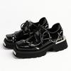 Fashion Luxury Metal Chain Decoration Chunky Heel Shoes Women High Quality Patent Leather Black Lace Up Loafers Punk Style Autumn Shoes