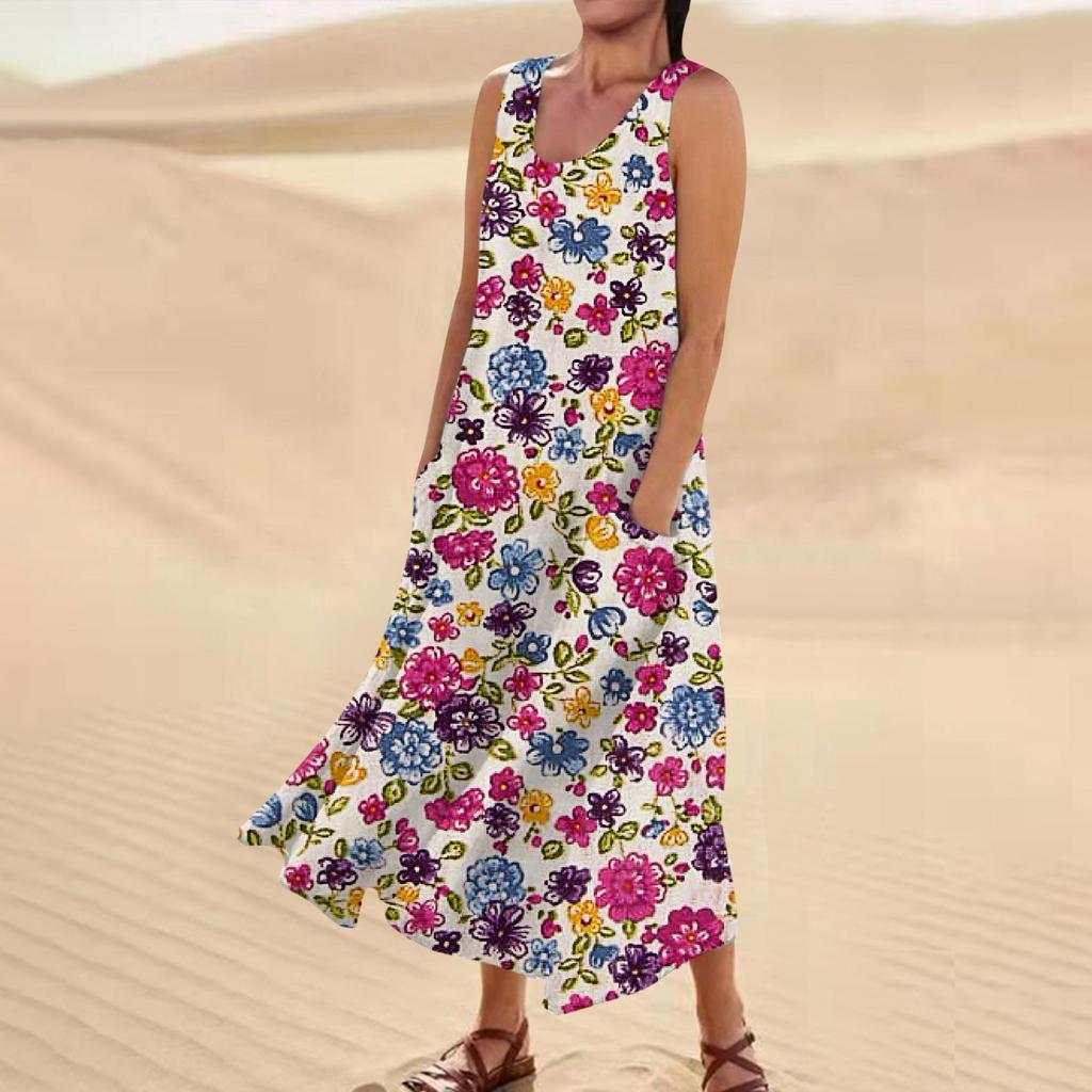 Женское повседневное удобное хлопковое карманное платье без рукавов с цветочным принтом