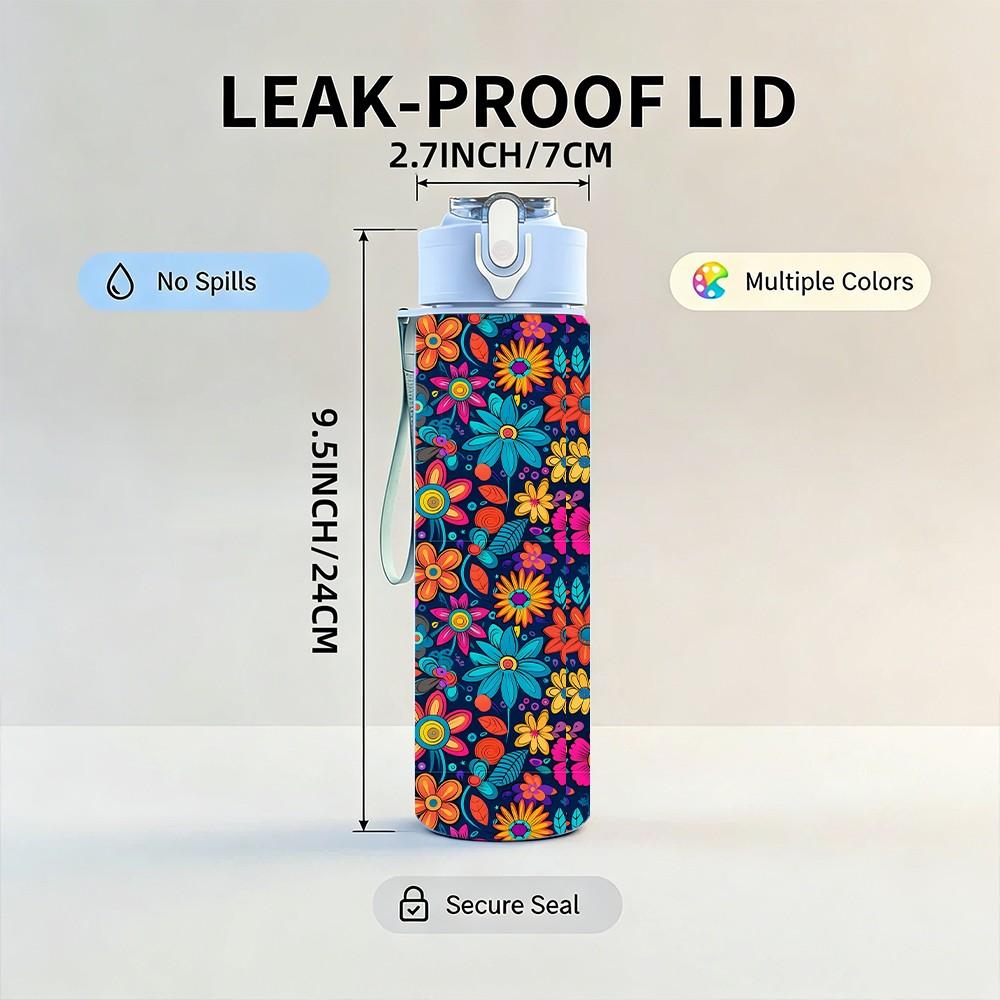 1PC Dense Bohemian Floral Seamless Print 750ml Color Plastic Sports Water Bottle Leakproof Flip Straw Lid Suitable for Sports Office Home Use