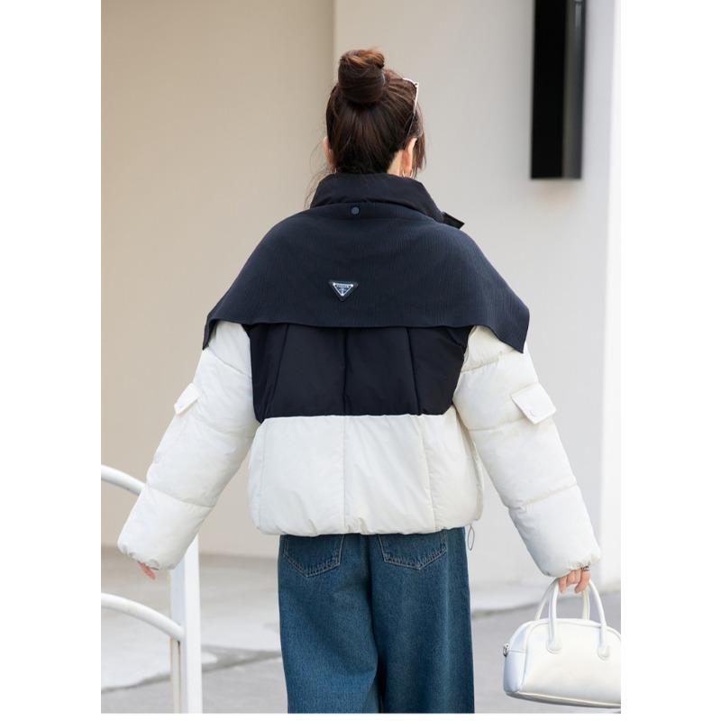 Korean Style Loose Fit Knit Poncho Collar Down Jacket with Color Block for Autumn Winter Women
