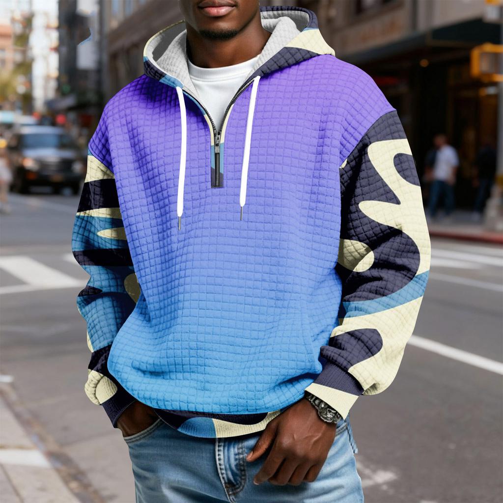 Мужской худи-пуловер в клетку с капюшоном на молнии до середины, со шнурком и принтом, повседневная спортивная толстовка