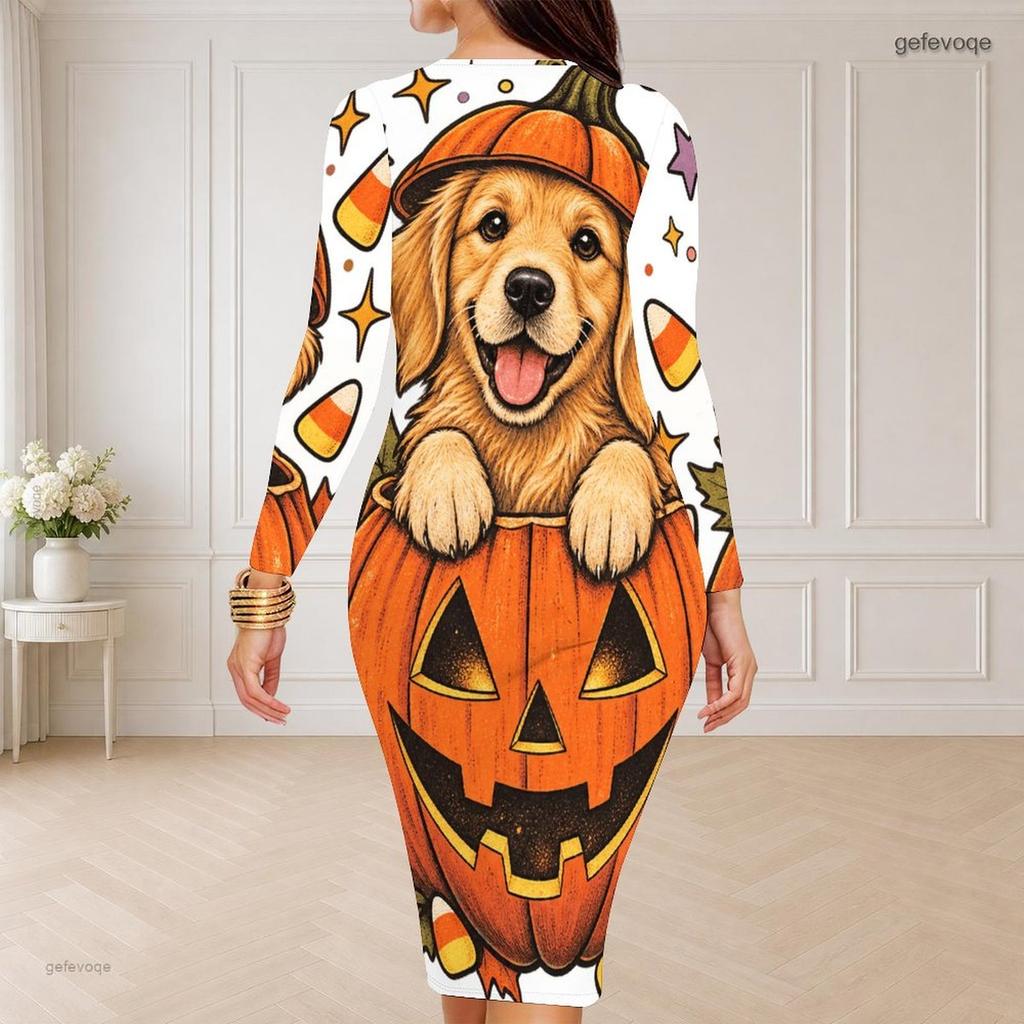 Women Plus Size Round Neck Long Sleeve Bodycon Midi Dress Cartoon Raccoon Witch Print
