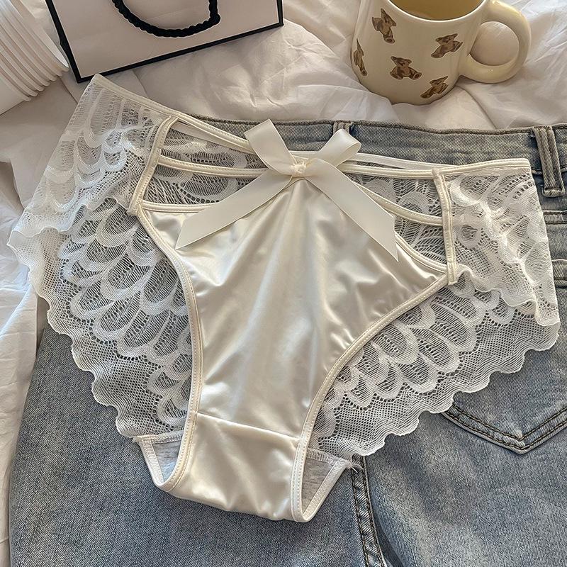French Satin Lace Mid-Waist Sexy Bow Panties - Breathable Polylactic Acid