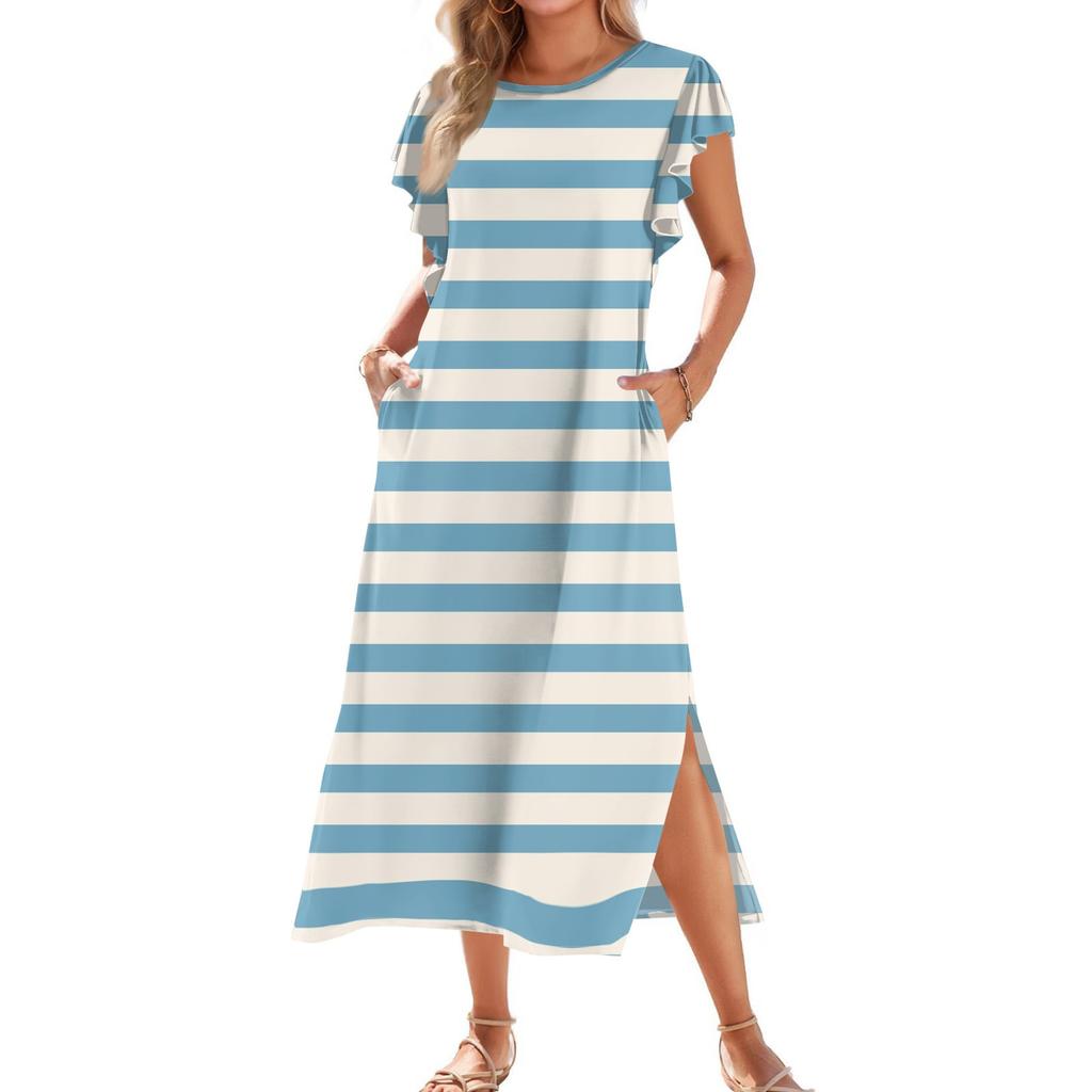 Женское модное летнее повседневное пляжное платье с плиссированными рукавами, свободными полосатыми короткими рукавами, круглыми завязками и карманами