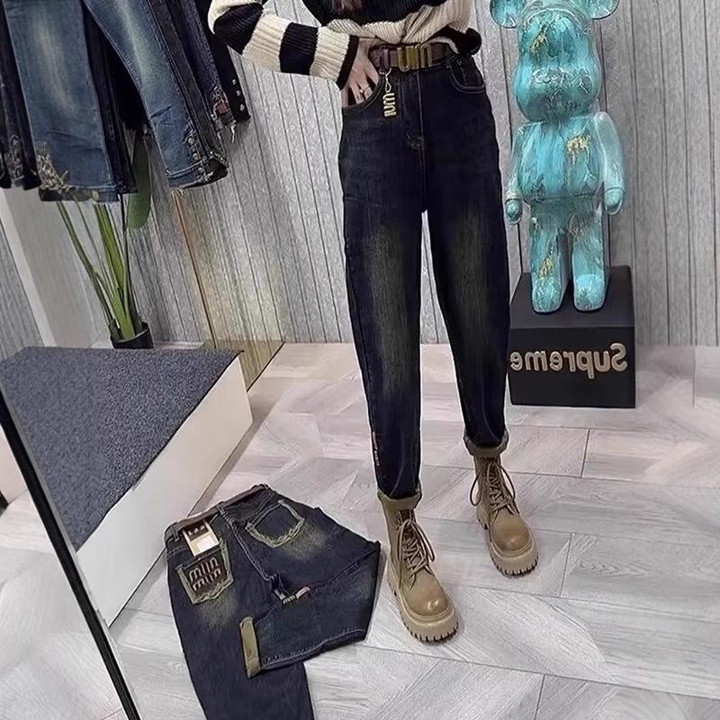 Джинсы гаремного кроя из ретро-синего бархата с высокой посадкой больших размеров для женщин с фигурой «груша»