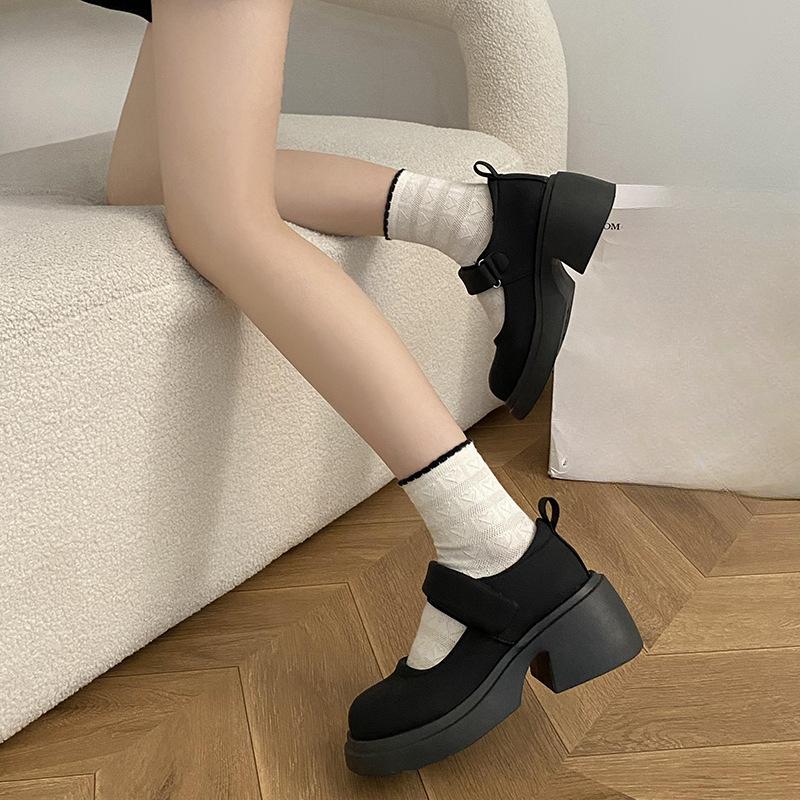 Туфли Мэри Джейн в стиле ретро, кожаные туфли с круглым носком, женские, новые, летние, черные, универсальные, с юбкой, на толстом каблуке