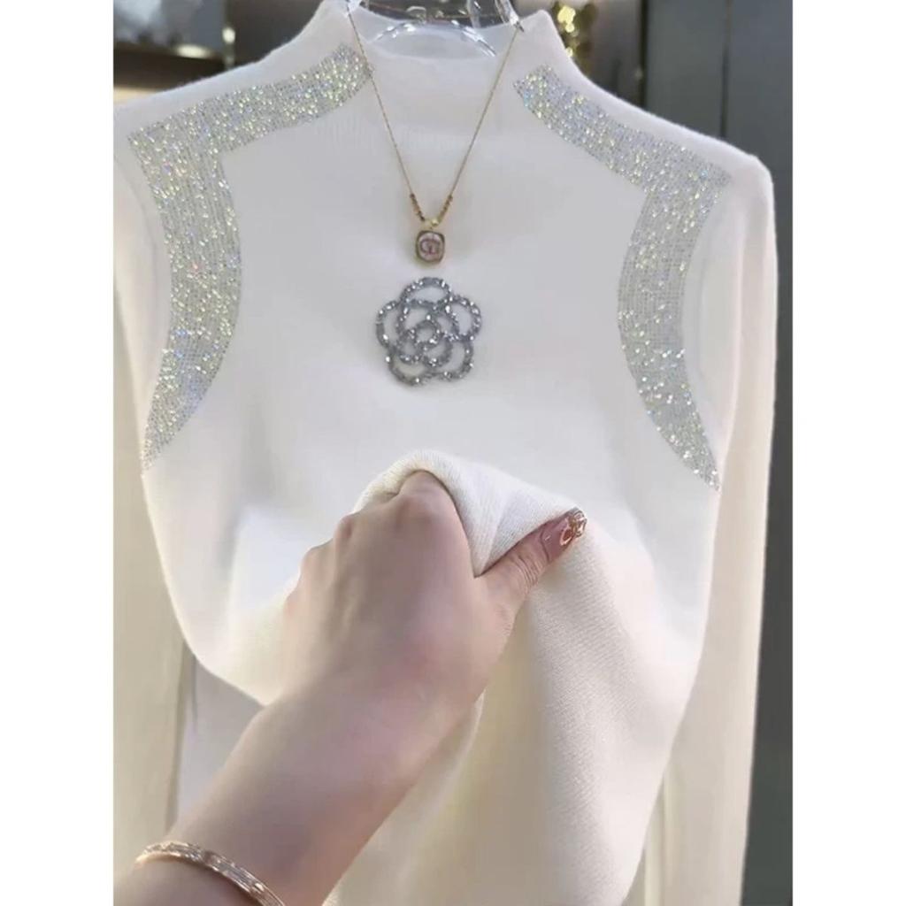 Женский свитер с полувысоким воротником и стразами, однотонный, эластичной вязки, пуловер, осень, зима