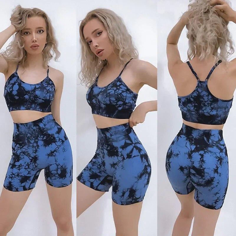 Tie Dye Набор для йоги Женские шорты для йоги с высокой талией Бесшовные леггинсы для тренировок Бесшовный спортивный костюм Велоспорт Бюстгальтер для бега Спортивный костюм Эластичный фитнес-наряд