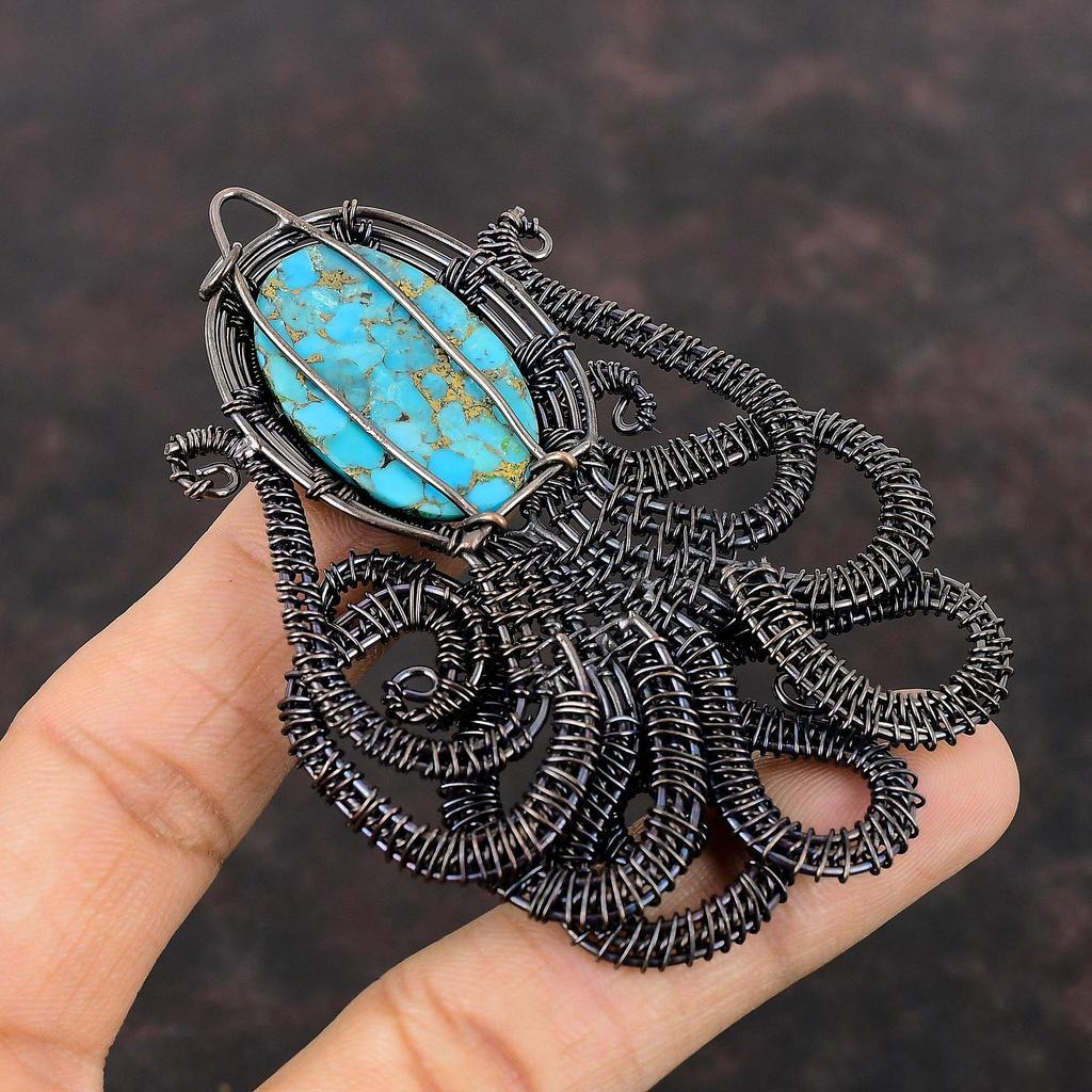 Медный голубой бирюзовый кулон, медная проволока, обернутая кулоном, осьминогом, драгоценным камнем, медные украшения ручной работы, кулон с камнем по дате рождения, подарок для женщин