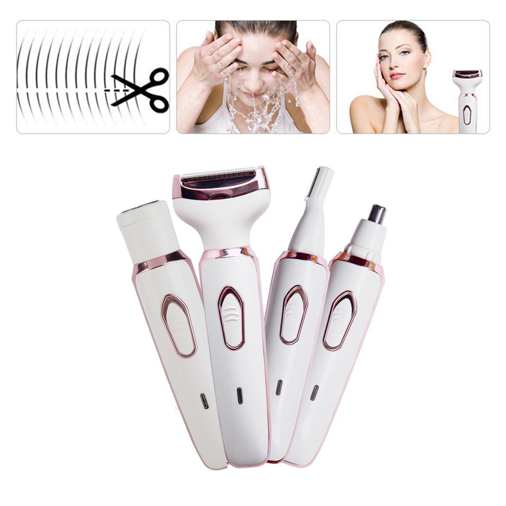 4 In 1 Electric Women Hair Trimmer Stainless Steel Blade Washable Heads Body Hair Clipper White